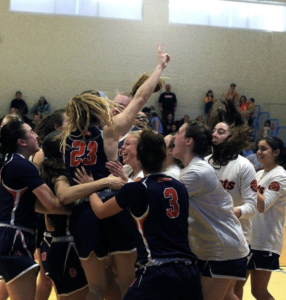 Women's Basketball celebrating after clinching the Centennial Conference Title. (Photo Courtesy of Gettysburg College Athletics)